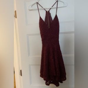 wine red fit and flare homecoming dress from Honey and Rosie brand
